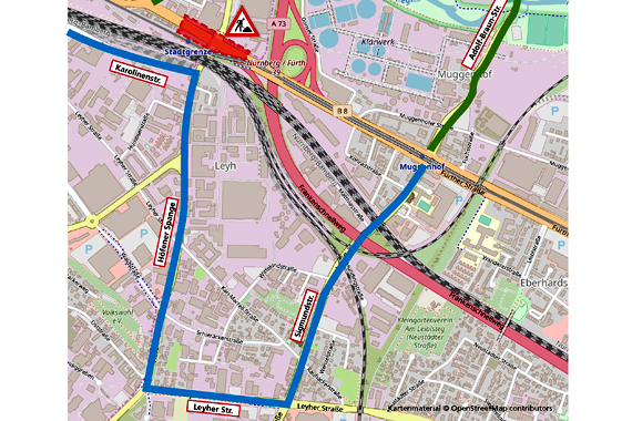 Umleitungsempfehlung Vollsperrung Kreuzung Fürther Straße an der Stadtgrenze zu Fürth