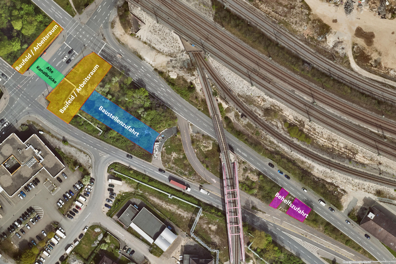 Alte Kanalbrücke Schwabacher Straße - Frankenschnellweg: Baustellenübersicht, Bild © Geobasisdaten: © Stadt Nürnberg, Geo und © Bayerische Vermessungsverwaltung | Darstellung der Flurkarte als Eigentumsnachweis nicht geeignet.