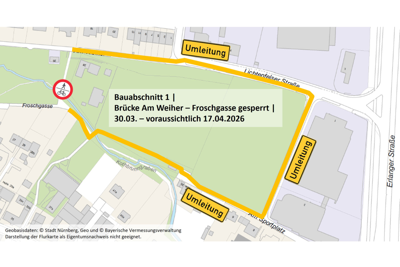 Von Montag, 30. März, bis voraussichtlich Freitag, 17. April, wird die Brücke Am Weiher / Froschgasse erneuert, dieser Weg ist gesperrt. Die Umleitung führt über die Lichtenfelser Straße und entlang des Sportplatzes, sie wird ausgeschildert., Bild © SÖR