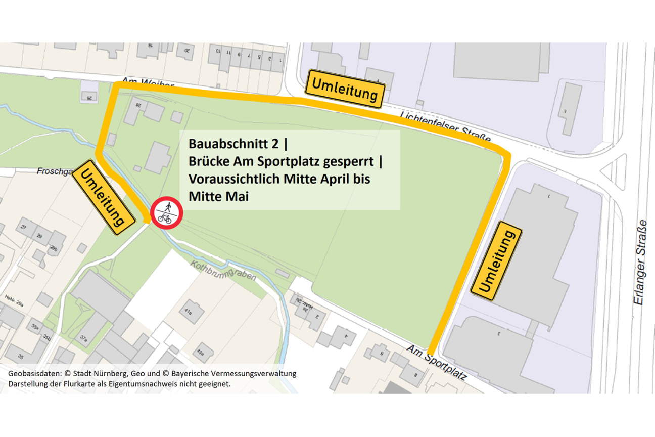 Von Mitte April bis voraussichtlich Mitte Mai wird die Brücke Am Sportplatz erneuert. Währenddessen ist dieser Weg gesperrt. Die Umleitung führt über die Lichtenfelser Straße und entlang des Sportplatzes, sie wird ausgeschildert., Bild © SÖR / Geobasisdaten: © Stadt Nürnberg, Geo und © Bayerische Vermessungsverwaltung