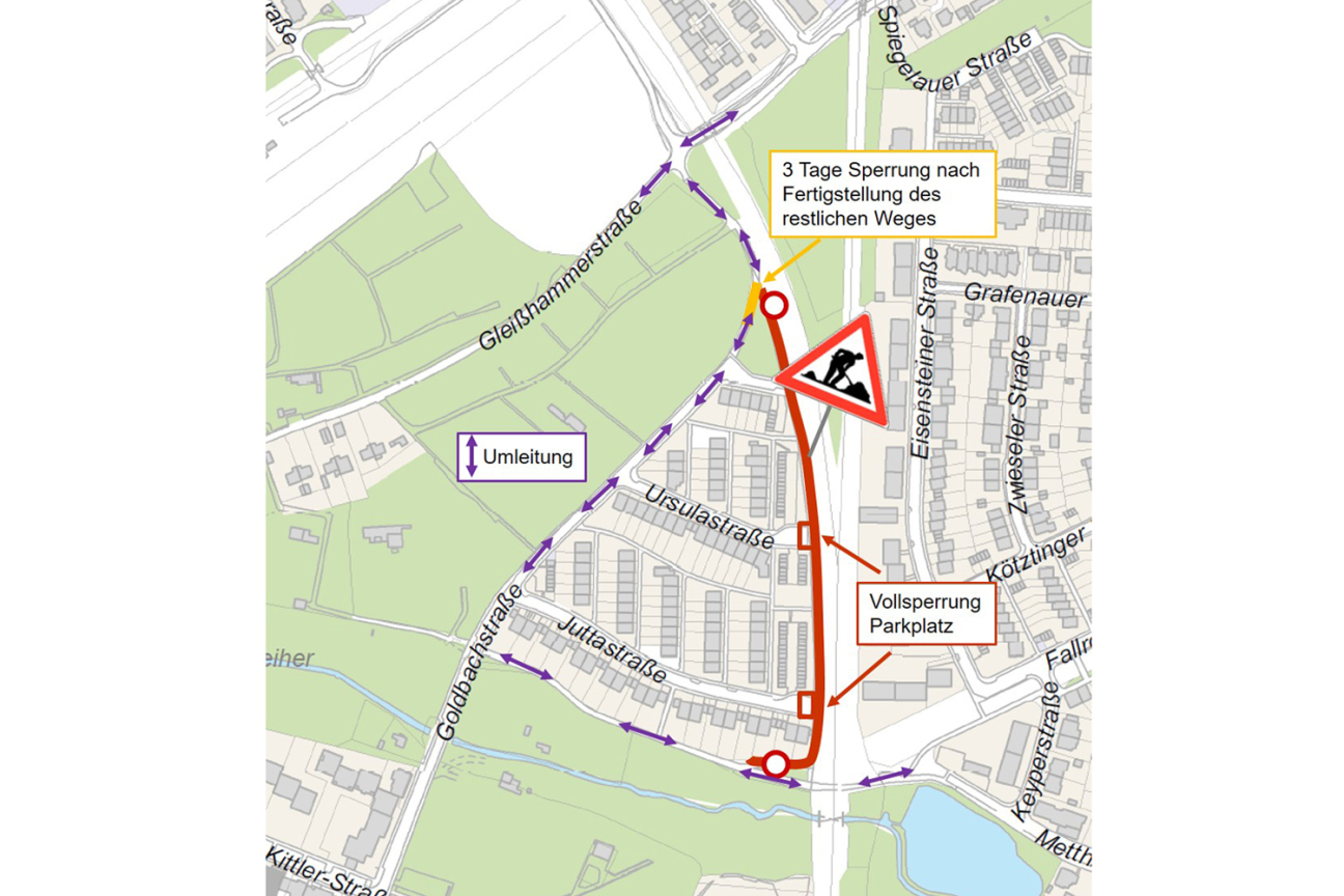 Erneuerung des Radwegs an der Goldbachstraße; Umleitung über Goldbachstraße, Bild © SÖR / Geobasisdaten: © Stadt Nürnberg, Geo und © Bayerische Vermessungsverwaltung | Darstellung der Flurkarte als Eigentumsnachweis nicht geeignet.