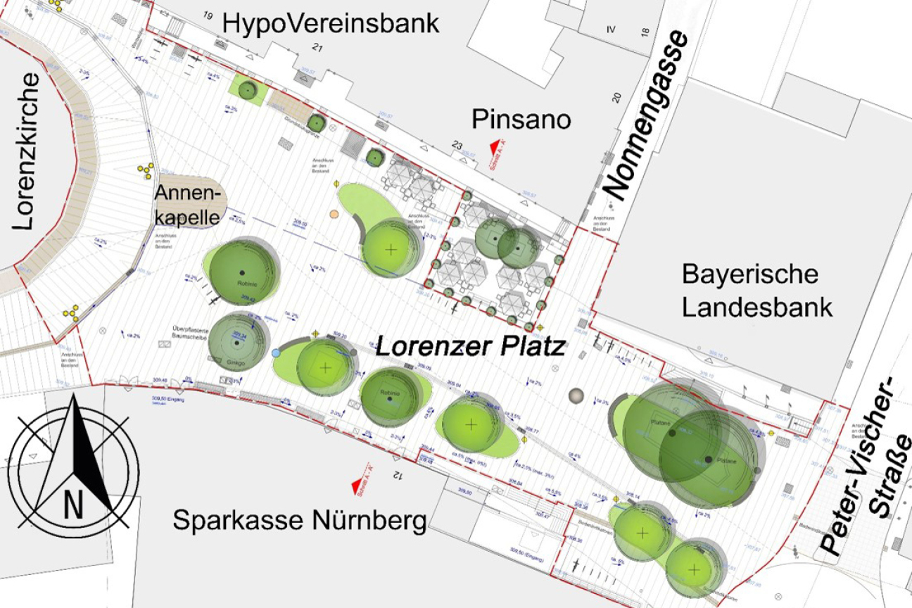 Das Bild zeigt die geplante Umgestaltung des Lorenzer Platzes. Es sind die geplanten Baumpflanzungen und Entsiegelungen zu sehen., Bild © Julian Löhner / SÖR / Stadt Nürnberg