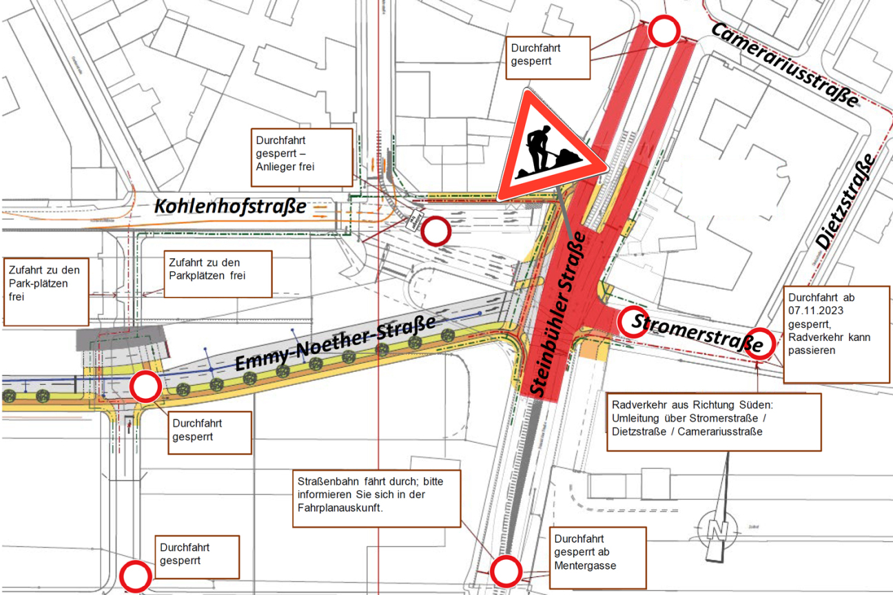 Bild © Stadt Nürnberg Sperrung der Kreuzung Emmy-Noether-Straße / Steinbühler Straße / Stromerstraße, Bild © Stadt Nürnberg
