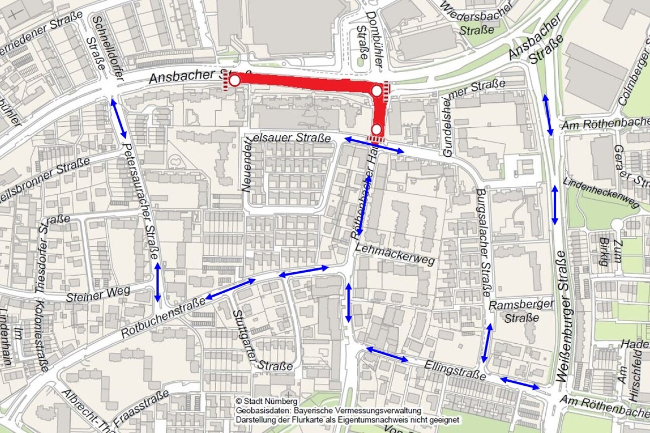 Bild © SÖR / Geobasisdaten: Bayerische Vermessungsverwaltung / Stadt Nürnberg Fahrbahnsanierung Röthenbacher Hauptstraße Verkehrsführung, Bild © SÖR / Geobasisdaten: Bayerische Vermessungsverwaltung / Stadt Nürnberg