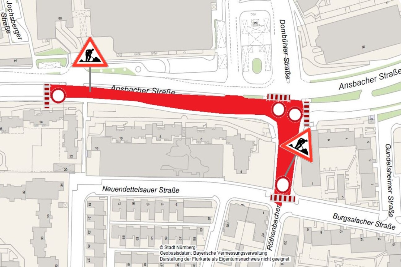 Bild © SÖR / Geobasisdaten: Bayerische Vermessungsverwaltung / Stadt Nürnberg Sperrung Röthenbacher Hauptstraße, Bild © SÖR / Geobasisdaten: Bayerische Vermessungsverwaltung / Stadt Nürnberg