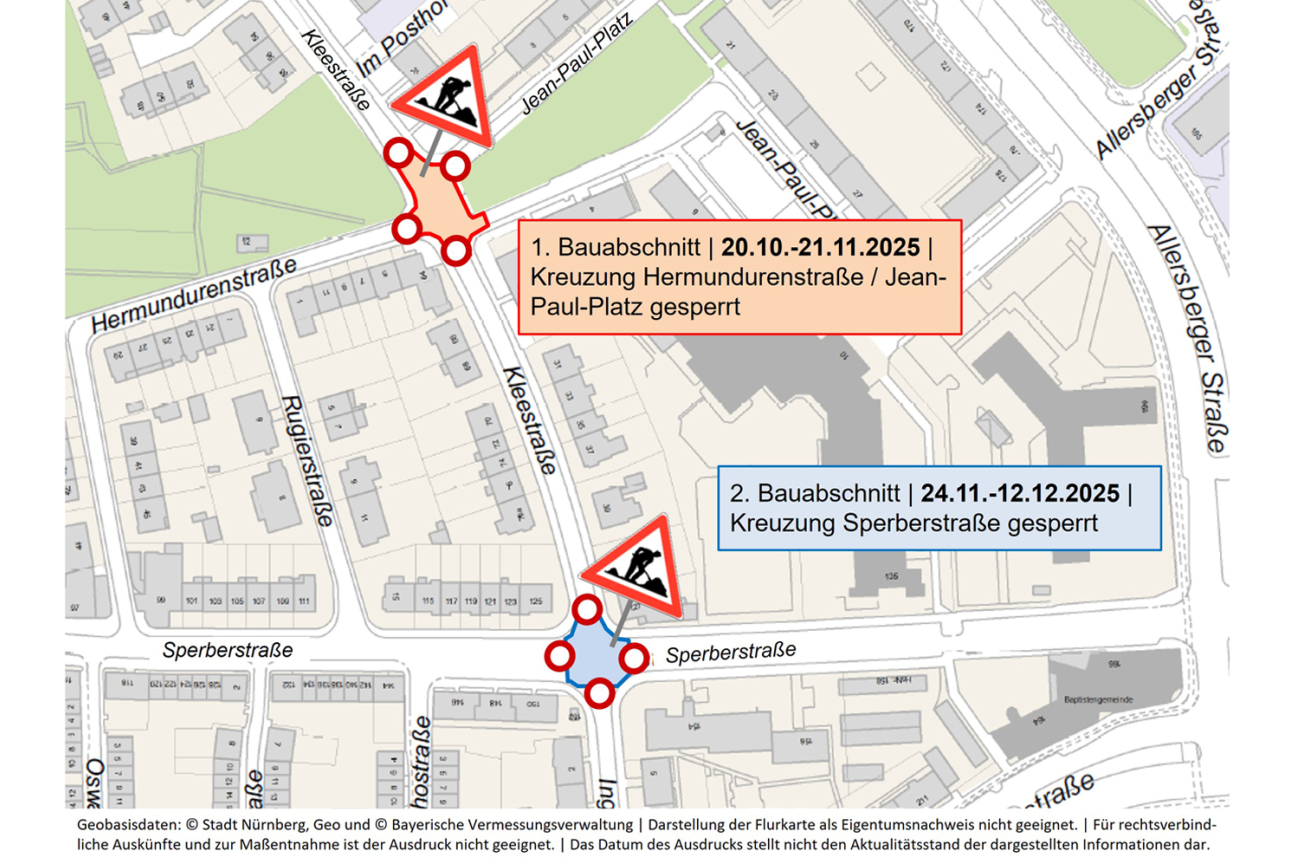SÖR saniert von Montag, 20. Oktober, bis Freitag, 12. Dezember 2025, die Fahrbahn und die Gehwege zweier Kreuzungsbereiche in der Kleestraße. Von Montag, 20. Oktober, bis Freitag, 21. November, wird die Kreuzung zum Jean-Paul-Platz / zur Hermundurenstraße bearbeitet. Im zweiten Abschnitt von Montag, 24. November, bis Freitag, 12. Dezember, wird die Kreuzung zur Sperberstraße bearbeitet. Die jeweilige Kreuzung ist gesperrt., Bild © SÖR / Geobasisdaten: © Stadt Nürnberg, Geo und © Bayerische Vermessungsverwaltung. Darstellung der Flurkarte als Eigentumsnachweis nicht geeignet.