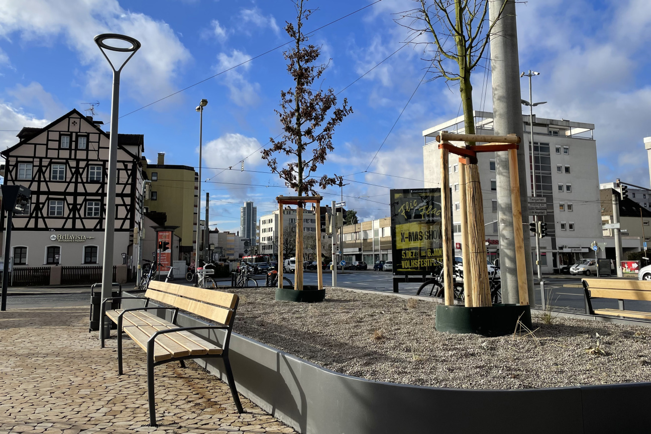 Viel Grün, zwölf neue Klimabäume zur Beschattung und Verbesserung des Mikroklimas und komfortable Sitzmöglichkeiten laden zum Verweilen ein.