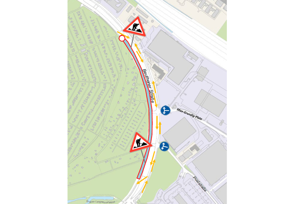 Sperrung der stadtauswärtigen Fahrbahn der Beuthener Straße wegen Fahrbahnsanierung, einspurige Verkehrsführung in jede Richtung auf der stadteinwärtigen Fahrbahn., Bild © SÖR / Geobasisdaten: © Stadt Nürnberg, Geo und © Bayerische Vermessungsverwaltung | Darstellung der Flurkarte als Eigentumsnachweis nicht geeignet.