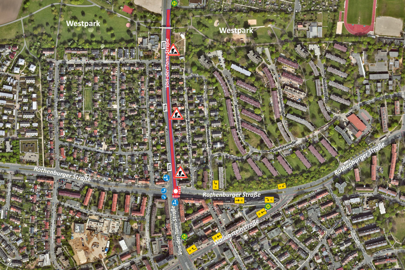 Baustellenkarte: Deckensanierung der Von-der-Tann-Straße zwischen Rothenburger Straße und Westpark, Bild © Geobasisdaten: © Stadt Nürnberg, Geo und © Bayerische Vermessungsverwaltung | Darstellung der Flurkarte als Eigentumsnachweis nicht geeignet.