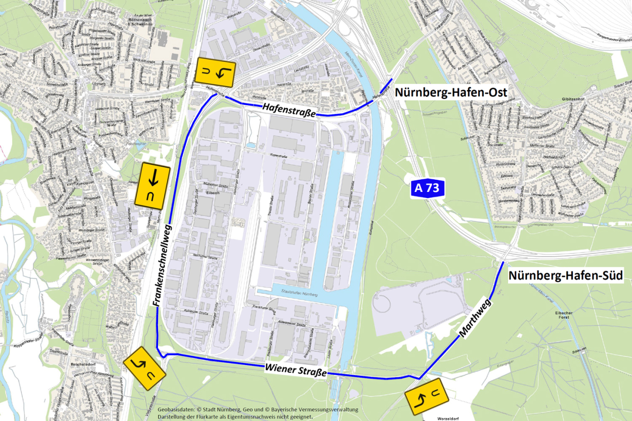 Projekt Hafenbrücken: Sperrung der Auffahrt auf die A 73 an der Anschlussstelle Nürnberg-Hafen-Ost - Umleitungsempfehlung über die Stracke Hafenstraße - Frankenschnellweg - Wiener Straße - Marthweg, Bild © Geobasisdaten: © Stadt Nürnberg, Geo und © Bayerische Vermessungsverwaltung | Darstellung der Flurkarte als Eigentumsnachweis nicht geeignet.