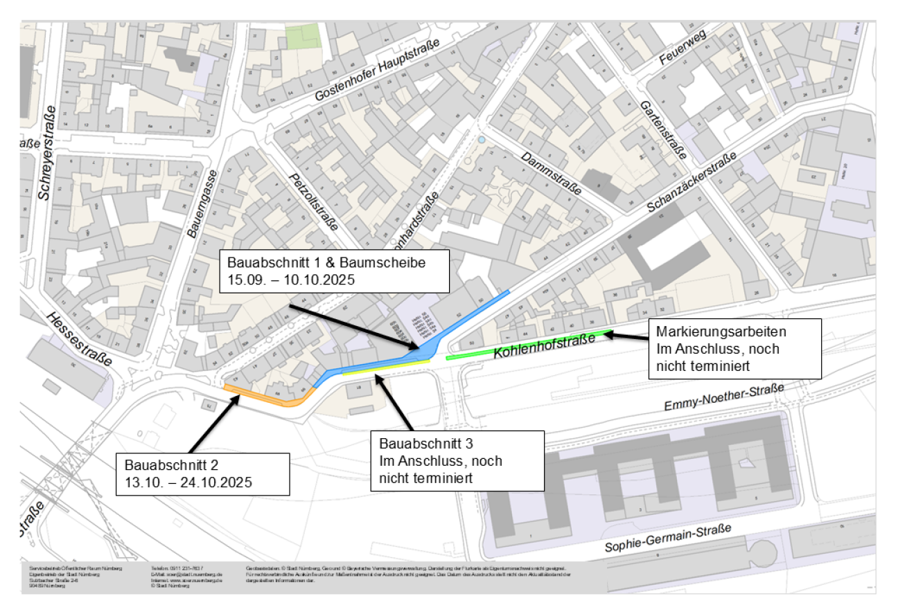 Bauabschnitt 1 & Baumscheibe 15.09. – 10.10.2025, Bauabschnitt 213.10. – 24.10.2025, Deckensanierung in Bauabschnitt 3 sowie Markierungsarbeiten noch nicht terminiert, Bild © Sör / Stadt Nürnberg