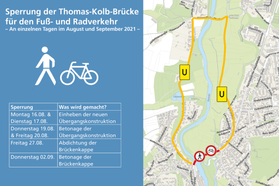 Umleitung für Fußgänger und Radfahrer an der Thomas-Kolb-Brücke