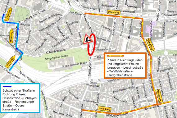 Kreuzungssperrung Emmy-Noether-Straße / Steinbühler Straße / Stromerstraße: Umleitungsempfehlung