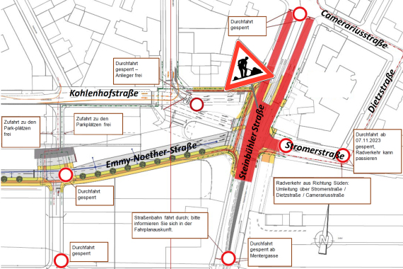 Sperrung der Kreuzung Emmy-Noether-Straße / Steinbühler Straße / Stromerstraße