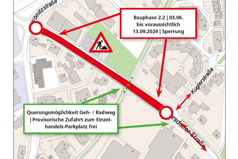 Gebersdorfer Straße: Verkehrsführung Juni-September 2024, Sperrung zwischen Kuglerstraße und Kreuzung Felsenstraße