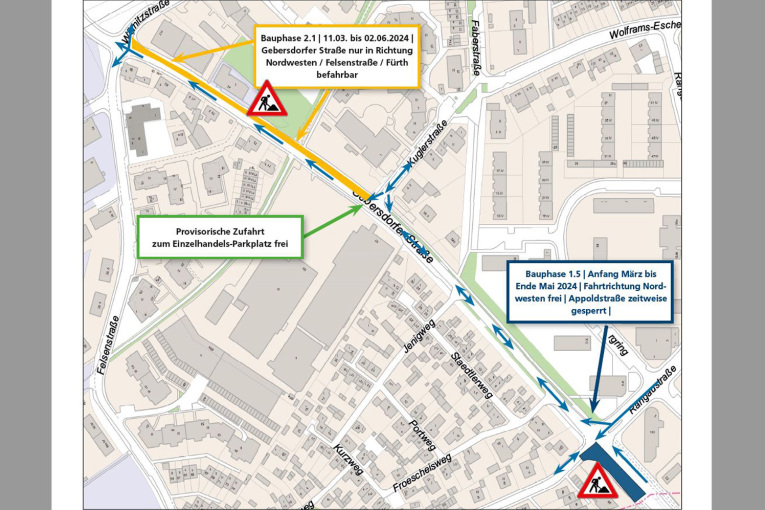 Gebersdorfer Straße: Verkehrsführung März-Juni 2024, Appoldstraße zeitweise gesperrt