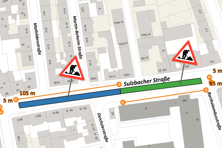 Sulzbacher Straße: VAG Baustelle zwischen Sulzbacher STraße 93 und Bartholomäusstraße