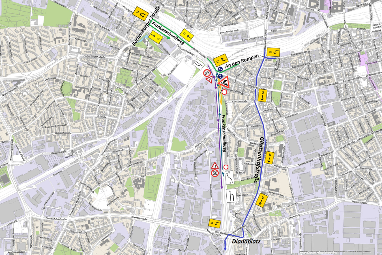Frankenschnellweg: Fahrbahnsanierung An den Rampen - Volkmannstraße | Baustellen und Umleitungskarte, Bild © Geobasisdaten: © Stadt Nürnberg, Geo und © Bayerische Vermessungsverwaltung | Darstellung der Flurkarte als Eigentumsnachweis nicht geeignet.