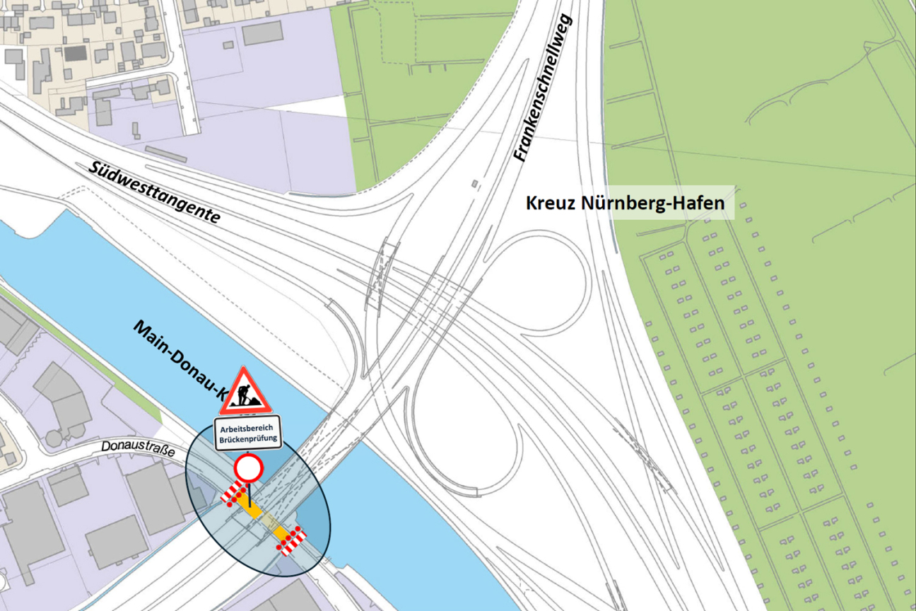 Hafenbrücken Nürnberg: Brückenprüfung im März 2026, Bild © Geobasisdaten:  Bayerische Vermessungsverwaltung | Darstellung der Flurkarte als Eigentumsnachweis nicht geeignet. / Stadt Nürnberg