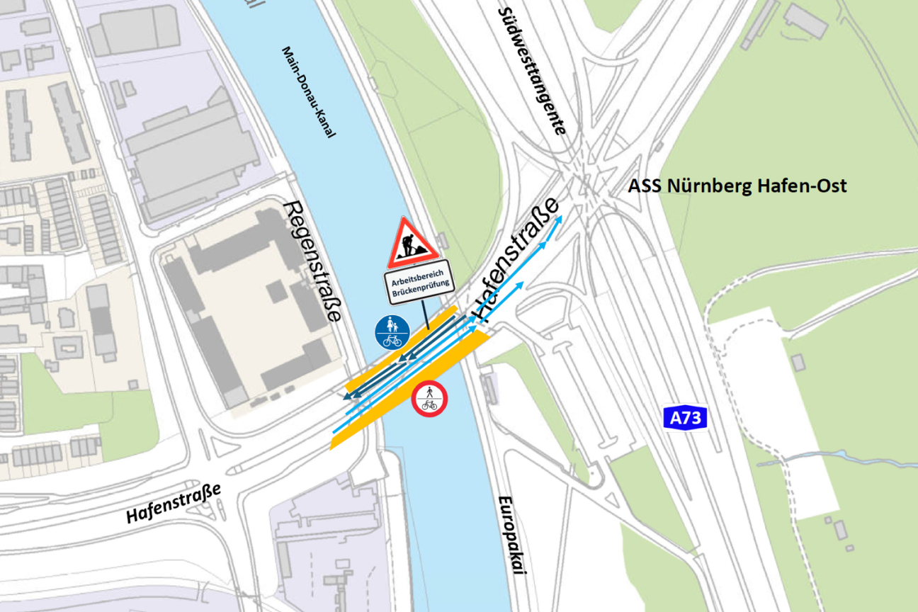 Hafenbrücken Nürnberg: Brückenprüfung im März 2026, Bild © Geobasisdaten:  Bayerische Vermessungsverwaltung | Darstellung der Flurkarte als Eigentumsnachweis nicht geeignet. / Stadt Nürnberg