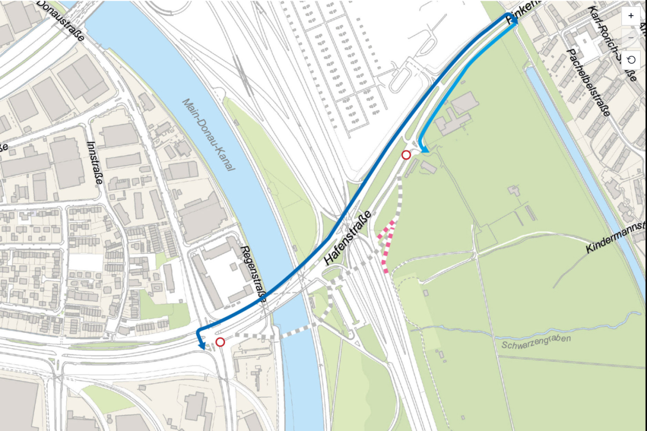Geh- und Fahrradwege im Baustellenbereich, Bild © hgs5 / Stadt Nürnberg, Geo und Bayerische Vermessungsverwaltung | Darstellung der Flurkarte als Eigentumsnachweis nicht geeignet.