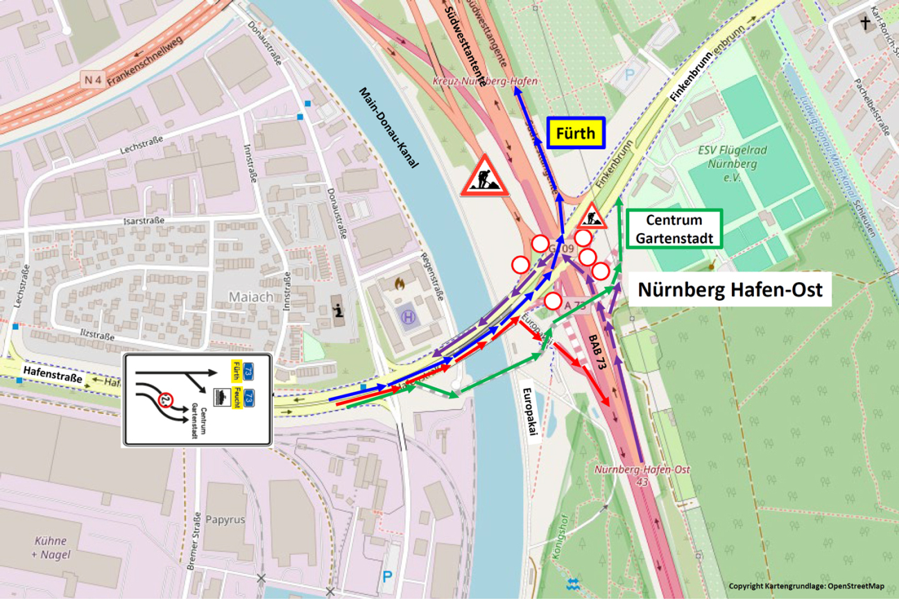 Hafenbrücken: Neue Verkehrsführung ab 21. September2026, Bild © Stadt Nürnberg | Kartengrundlage Openstreetmap