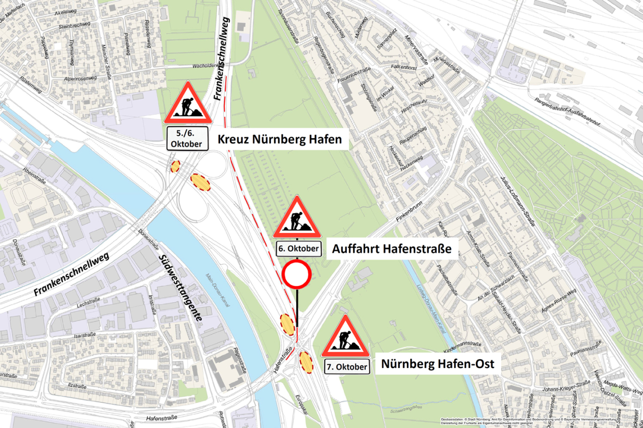 Projekt Hafenbrücken: Brückenprüfung - Oktober 2026, Bild © Stadt Nürnberg, Geo und © Bayerische Vermessungsverwaltung | Darstellung der Flurkarte als Eigentumsnachweis nicht geeignet.