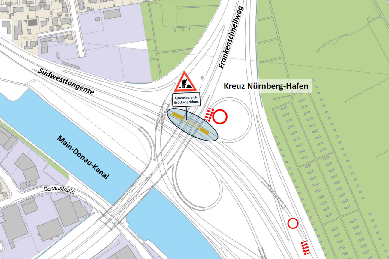 Hafenbrücken Nürnberg: Brückenprüfung im März 2026, Bild © Geobasisdaten:  Bayerische Vermessungsverwaltung | Darstellung der Flurkarte als Eigentumsnachweis nicht geeignet. / Stadt Nürnberg