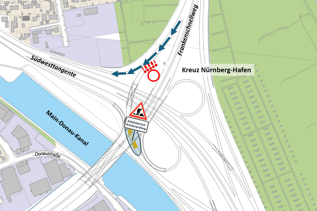 Hafenbrücken: Brückenprüfung Frankenschnellwegbrücke, Bild © Geobasisdaten: © Stadt Nürnberg, Geo und © Bayerische Vermessungsverwaltung | Darstellung der Flurkarte als Eigentumsnachweis nicht geeignet.