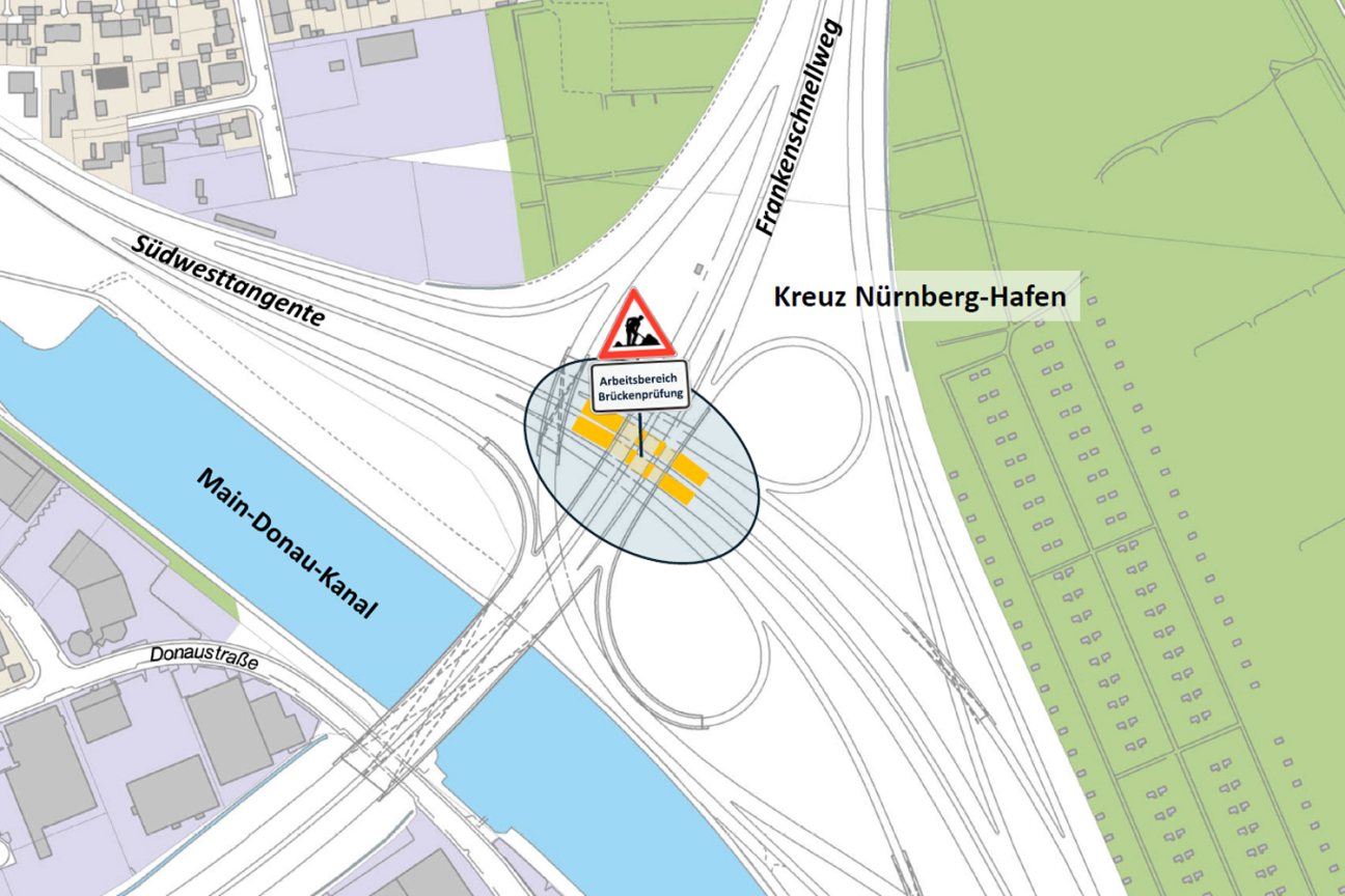 Hafenbrücken Nürnberg: Brückenprüfung im März 2026, Bild © Geobasisdaten:  Bayerische Vermessungsverwaltung | Darstellung der Flurkarte als Eigentumsnachweis nicht geeignet. / Stadt Nürnberg