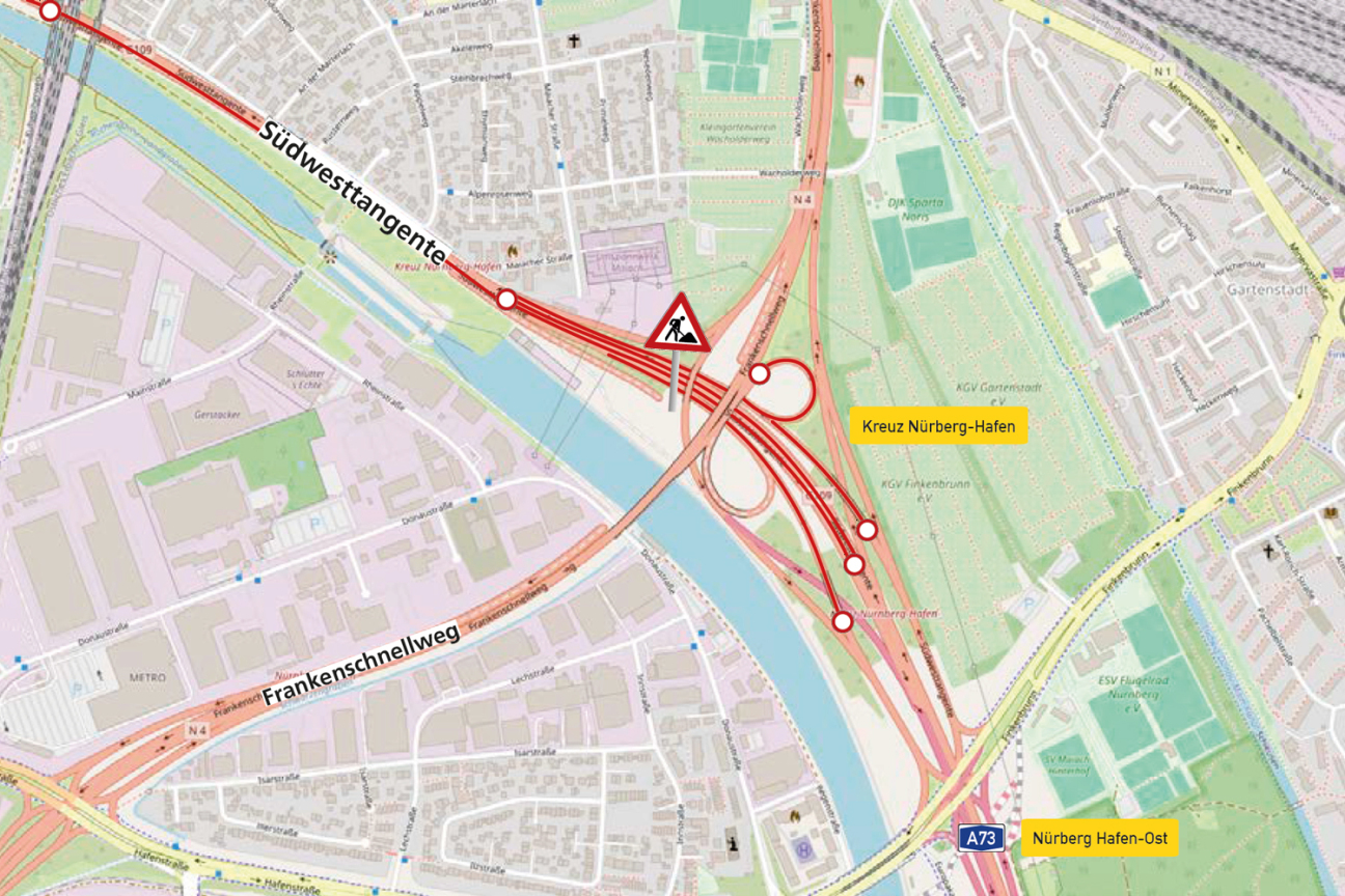 Sperrung der Südwesttangente am Kreuz Nürnberg-Hafen | 5. bis 9. Februar 2026, Bild © Stadt Nürnberg | Kartengrundlage: Copyright: OpenStreetMap