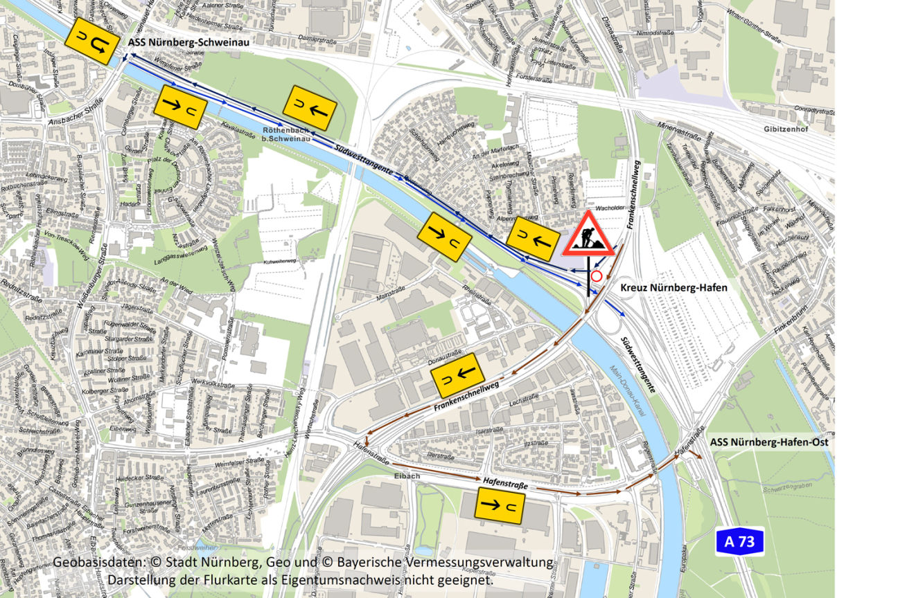 Projekt Hafenbrücken: Frankenschnellwegbrücke am Main-Donau-Kanal | Umleitungskarte, Bild © Stadt Nürnberg
