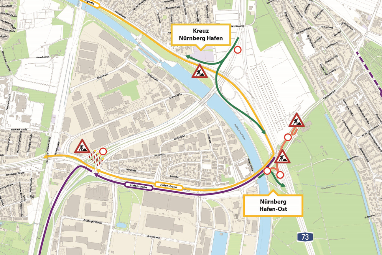Baustellenkarte Projekt Hafenbrücken, Bild © hgs5 / Geobasisdaten: © Stadt Nürnberg, Geo und © Bayerische Vermessungsverwaltung | Darstellung der Flurkarte als Eigentumsnachweis nicht geeignet.