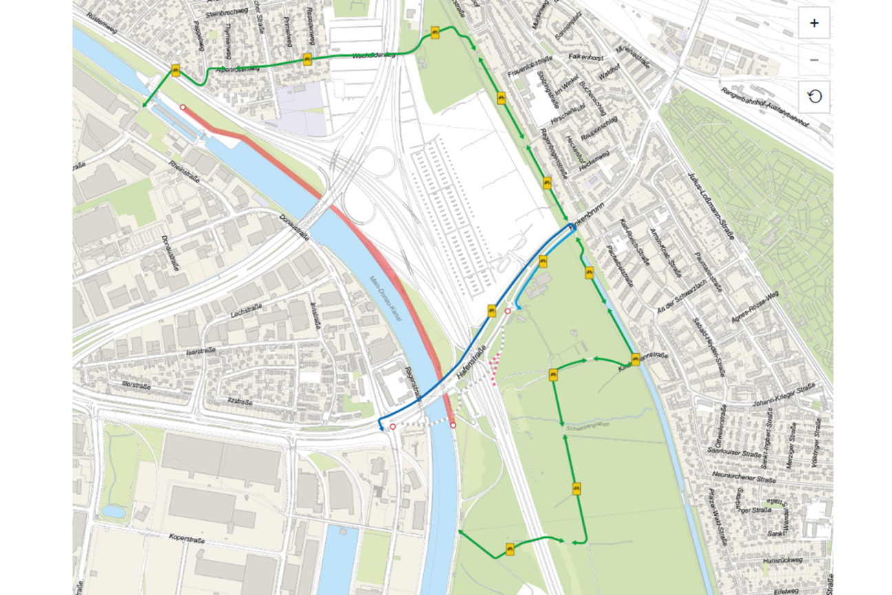 Bild © Stadt Nürnberg, Geo und © Bayerische Vermessungsverwaltung | Darstellung der Flurkarte als Eigentumsnachweis nicht geeignet. Projekt Hafenbrücken: Fahrradumleitung Finkenbrunn, Bild © Stadt Nürnberg, Geo und © Bayerische Vermessungsverwaltung | Darstellung der Flurkarte als Eigentumsnachweis nicht geeignet.