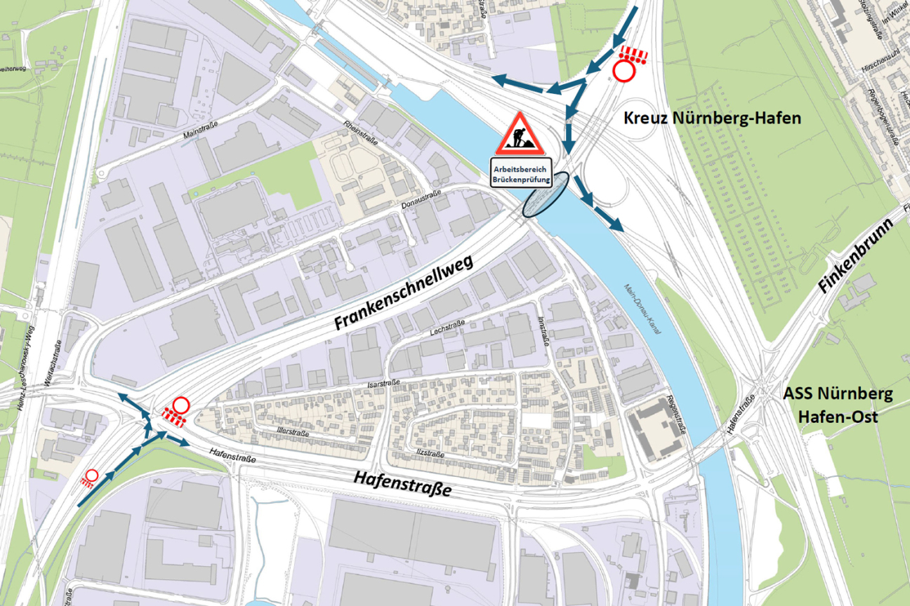 Hafenbrücken Nürnberg: Brückenprüfung im März 2026, Bild © Geobasisdaten:  Bayerische Vermessungsverwaltung | Darstellung der Flurkarte als Eigentumsnachweis nicht geeignet. / Stadt Nürnberg