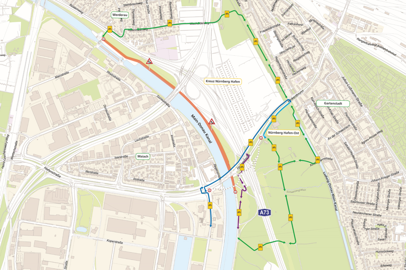 Bild © hgs5 / Stadt Nürnberg, Geo und © Bayerische Vermessungsverwaltung | Darstellung der Flurkarte als Eigentumsnachweis nicht geeignet. Mit dem Fahrrad und zu Fuß durch den Baustellenbereich | Im Zuge der Erneuerung der Hafenbrücken kommt es auch für Radfahrende sowie Fußgängerinnen und Fußgänger zu Einschränkungen. Einige beliebte Wege sind während der Bauarbeiten gesperrt. Es gibt jedoch ausgeschilderte Umleitungen und Verbindungen, auf denen die Baustelle weiterhin passiert werden kann., Bild © hgs5 / Stadt Nürnberg, Geo und © Bayerische Vermessungsverwaltung | Darstellung der Flurkarte als Eigentumsnachweis nicht geeignet.