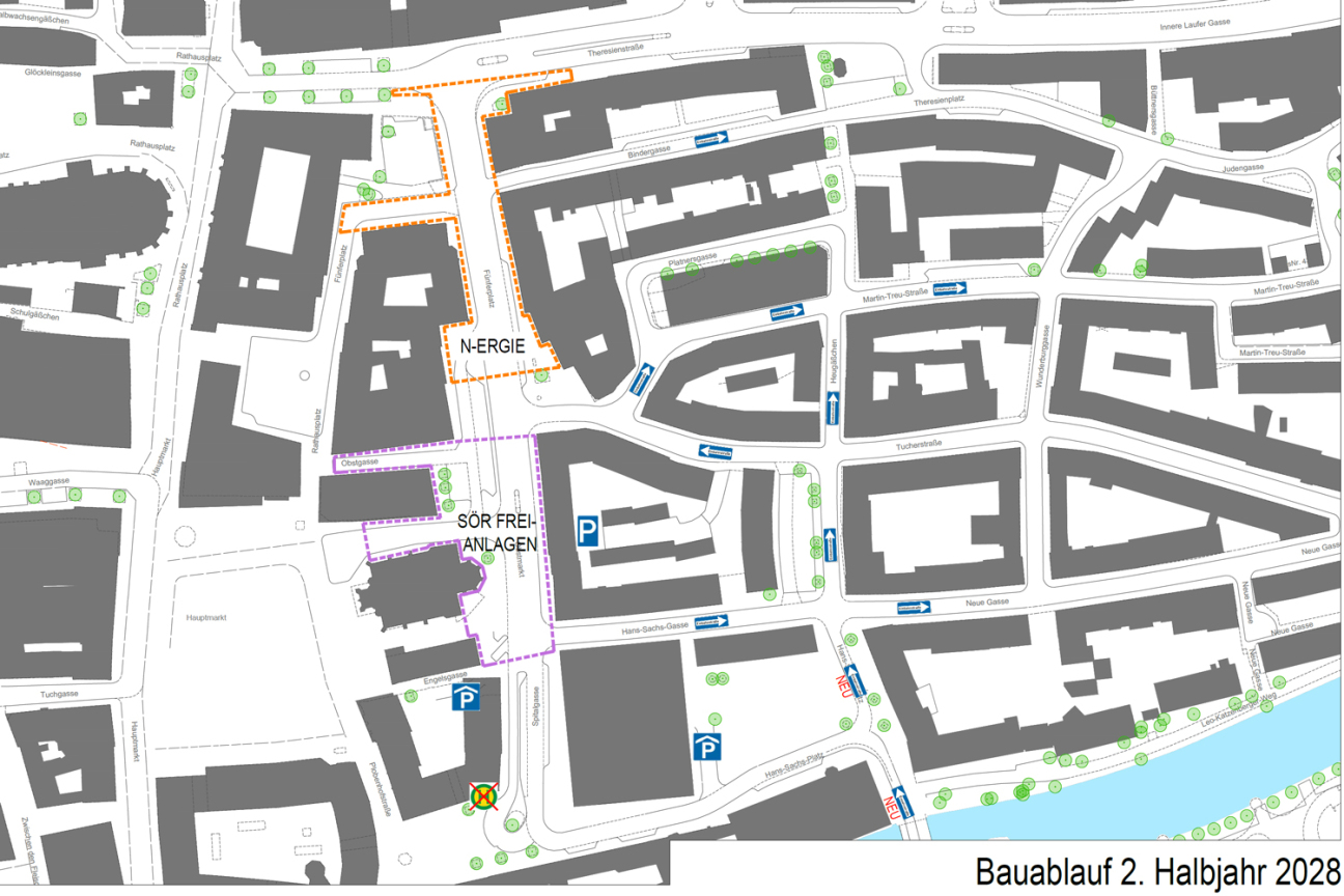 Obstmarkt - Umgestaltung - Bauphasen 2026 bis 2029, Bild © Geobasisdaten: © Stadt Nürnberg, Geo und © Bayerische Vermessungsverwaltung | Darstellung der Flurkarte als Eigentumsnachweis nicht geeignet.