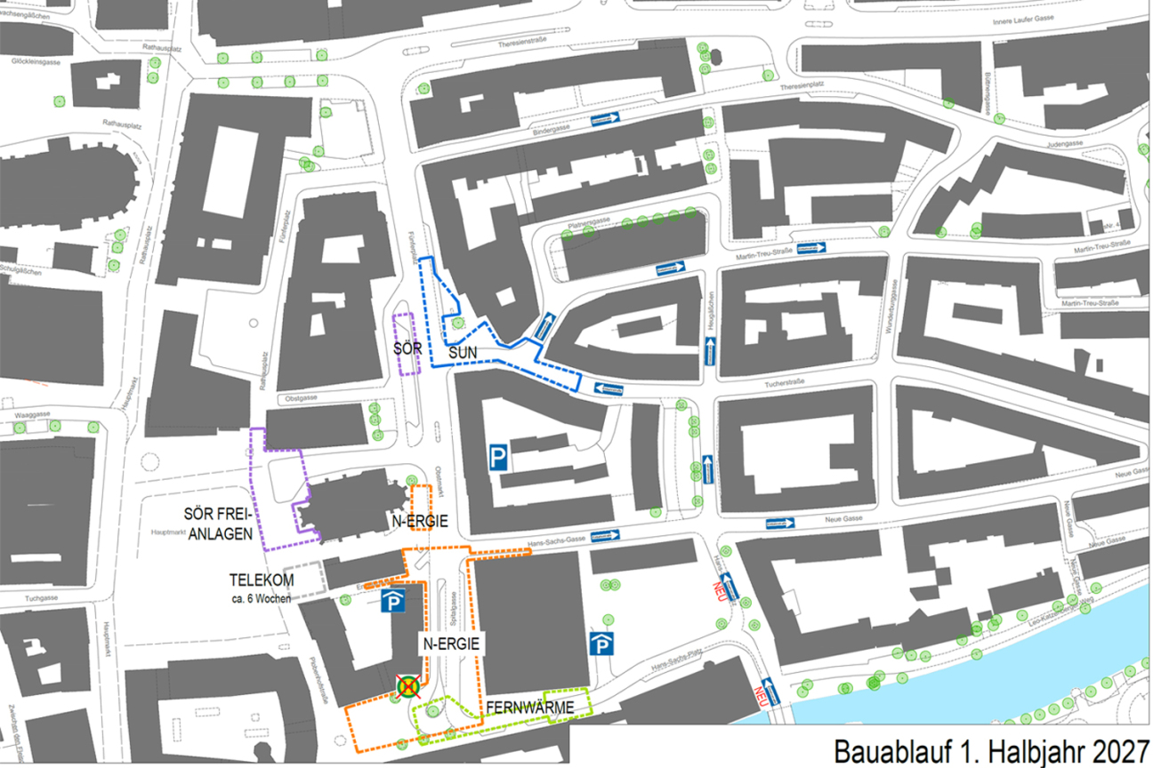 Obstmarkt - Umgestaltung - Bauphasen 2026 bis 2029, Bild © Geobasisdaten: © Stadt Nürnberg, Geo und © Bayerische Vermessungsverwaltung | Darstellung der Flurkarte als Eigentumsnachweis nicht geeignet.