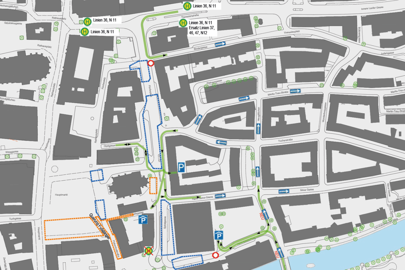 Baustelle Obstmarkt: Bauphasen im Jahr 2026, Bild © Geobasisdaten: © Stadt Nürnberg, Geo und © Bayerische Vermessungsverwaltung | Darstellung der Flurkarte als Eigentumsnachweis nicht geeignet.
