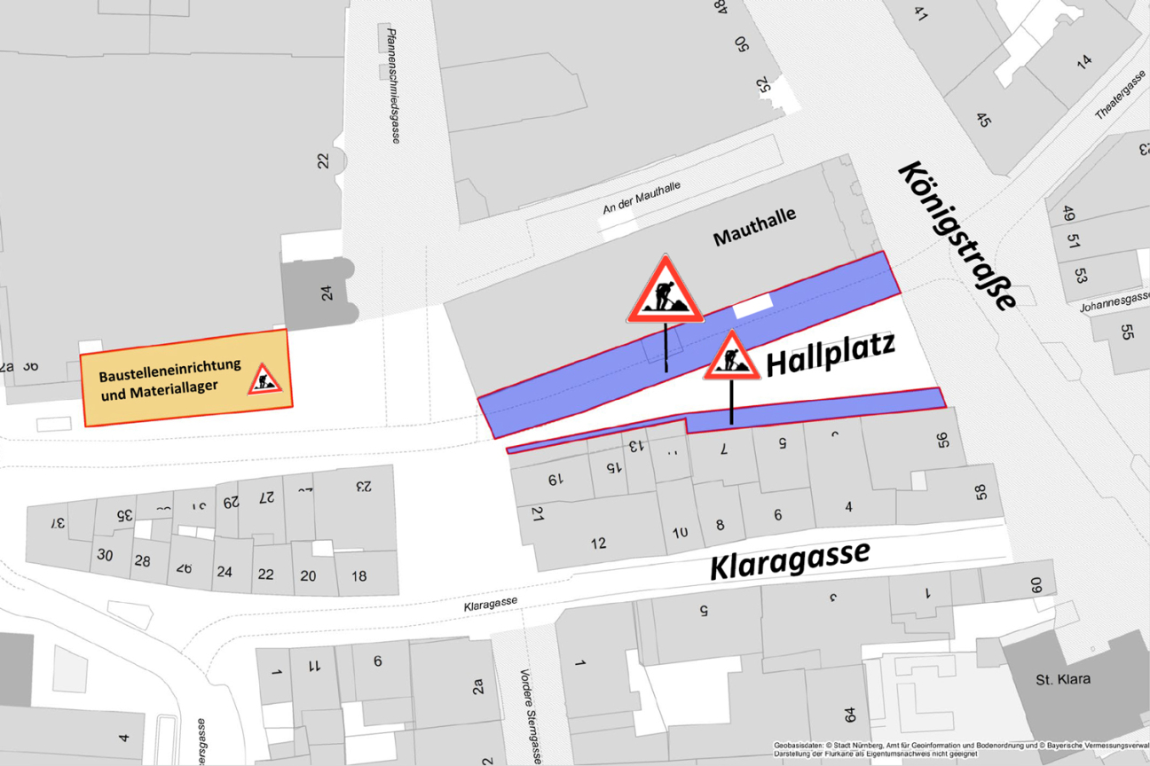 Hallplatz Umbau: Zweiter Bauabschnitt, Bild © Stadt Nürnberg |    Geobasisdaten: Geo und Bayerische Vermessungsverwaltung | Darstellung der Flurkarte als Eigentumsnachweis nicht geeignet.