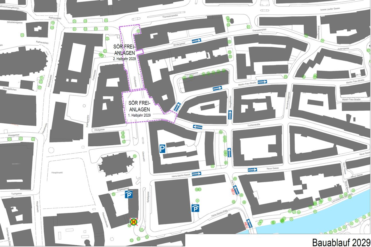 Obstmarkt - Umgestaltung - Bauphasen 2026 bis 2029, Bild © Geobasisdaten: © Stadt Nürnberg, Geo und © Bayerische Vermessungsverwaltung | Darstellung der Flurkarte als Eigentumsnachweis nicht geeignet.