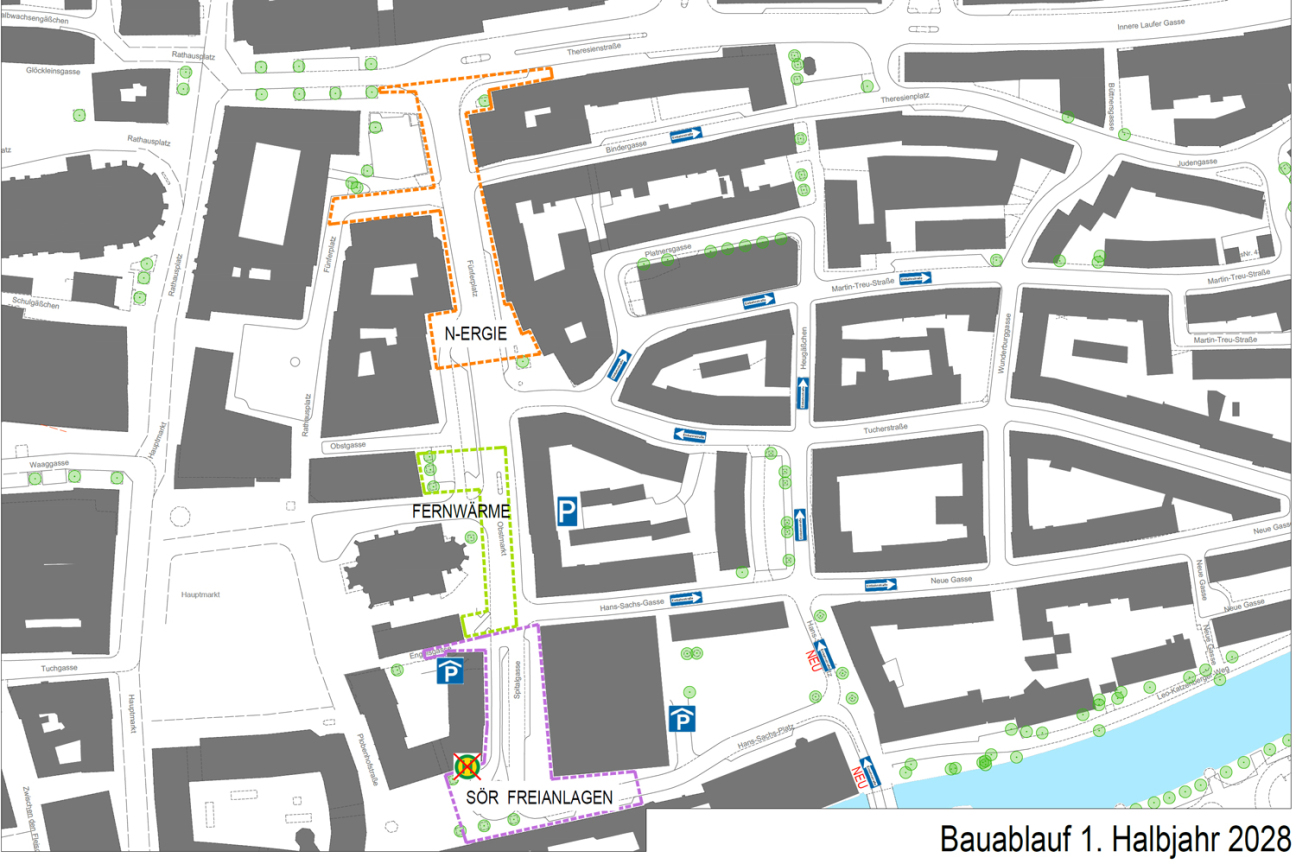 Obstmarkt - Umgestaltung - Bauphasen 2026 bis 2029, Bild © Geobasisdaten: © Stadt Nürnberg, Geo und © Bayerische Vermessungsverwaltung | Darstellung der Flurkarte als Eigentumsnachweis nicht geeignet.