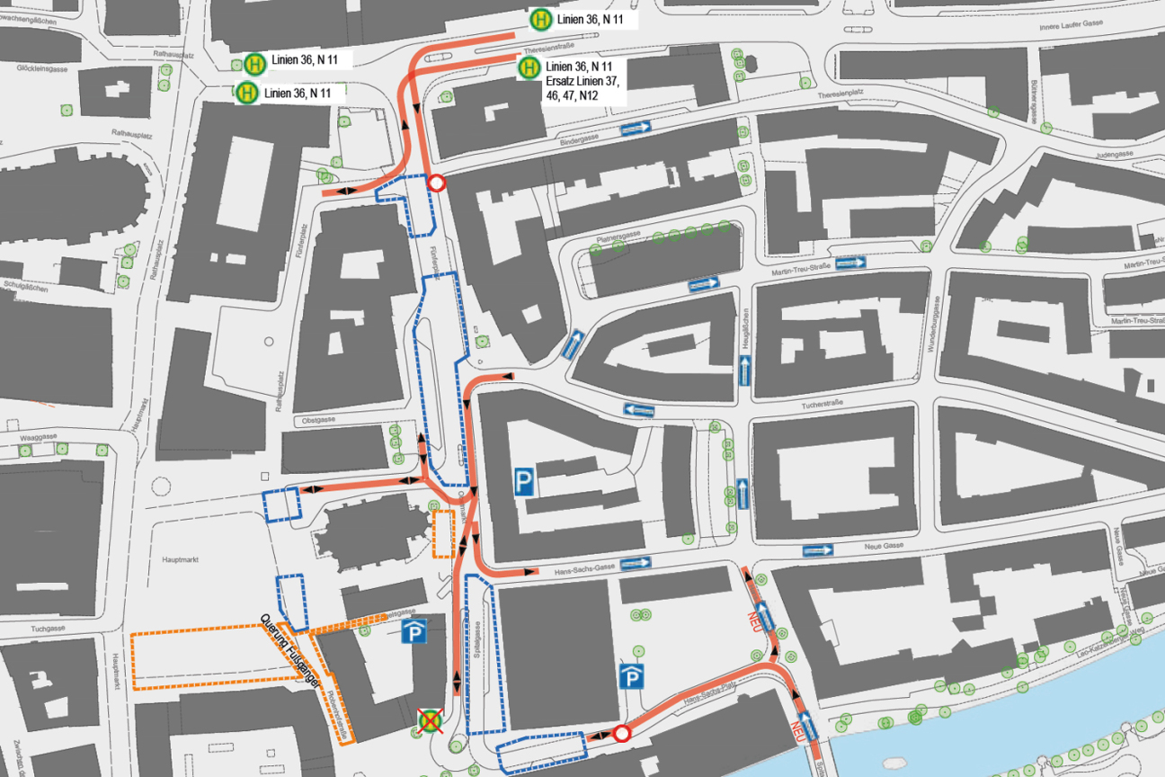 Baustelle Obstmarkt: Bauphasen im Jahr 2026, Bild © Geobasisdaten: © Stadt Nürnberg, Geo und © Bayerische Vermessungsverwaltung | Darstellung der Flurkarte als Eigentumsnachweis nicht geeignet.