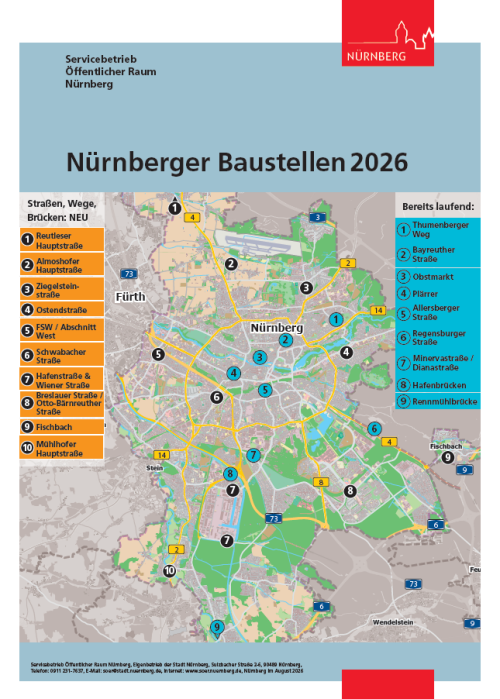 © Geobasisdaten: © Stadt Nürnberg, Geo und © Bayerische Vermessungsverwaltung. Darstellung der Flurkarte als Eigentumsnachweis nicht geeignet. Übersicht über die Baustellen, die SÖR überwiegend in den Sommerferien 2026 umsetzt. © Geobasisdaten: © Stadt Nürnberg, Geo und © Bayerische Vermessungsverwaltung. Darstellung der Flurkarte als Eigentumsnachweis nicht geeignet.