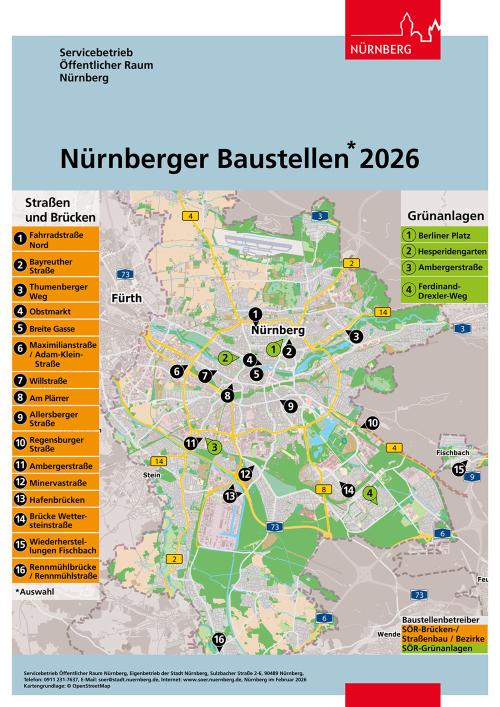 Der Servicebetrieb Öffentlicher Raum Nürnberg (SÖR) führt auch im Jahr 2026 zahlreiche Baumaßnahmen im gesamten Stadtgebiet durch. Im Fokus stehen dabei sowohl die Erhaltung der bestehenden Infrastruktur als auch umfangreiche Investitionen in Straßen, Brücken, öffentliches Grün sowie in den Rad- und Fußverkehr. Die Karte zeigt die Verteilung ausgewählter Maßnahmen im Stadtgebiet.
