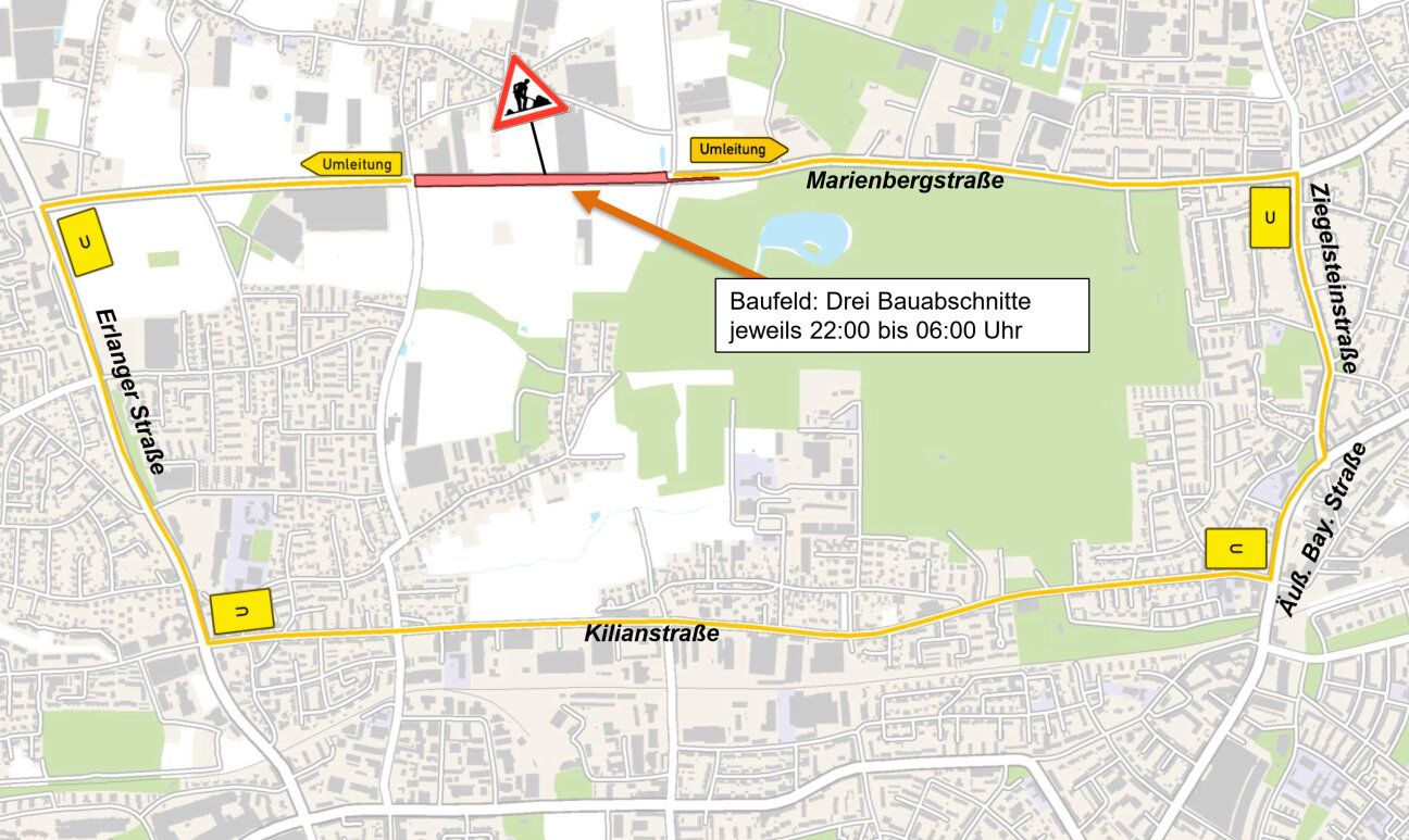 Marienbergstraße mit Umleitung, Bild © SÖR / Geobasisdaten: © Stadt Nürnberg, Geo und © Bayerische Vermessungsverwaltung. Darstellung der Flurkarte als Eigentumsnachweis nicht geeignet.