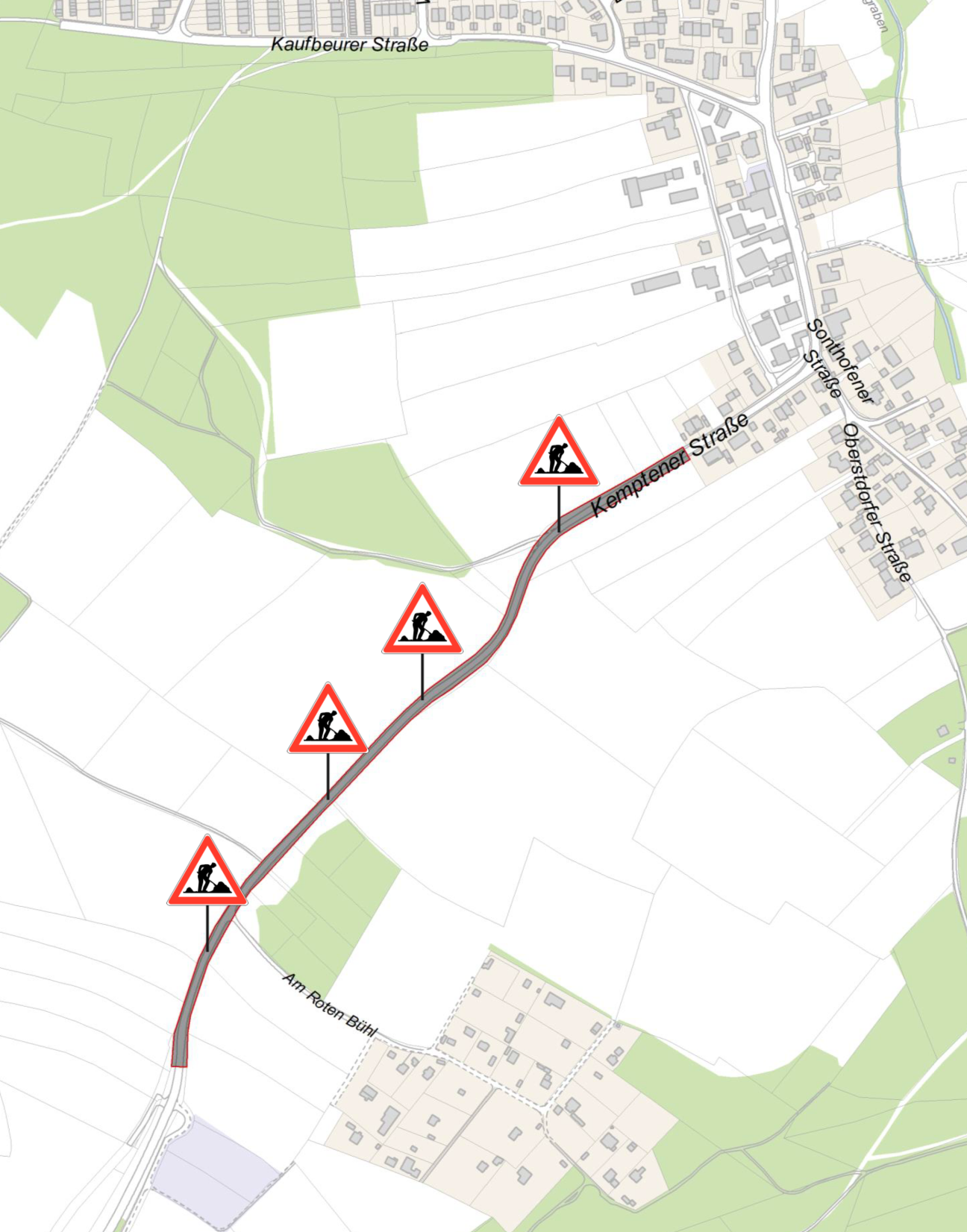 Bild © SÖR / Geobasisdaten: © Stadt Nürnberg, Geo und © Bayerische Vermessungsverwaltung. Darstellung der Flurkarte als Eigentumsnachweis nicht geeignet. 2026-08-28_Bauplan_Kemptener_Straße, Bild © SÖR / Geobasisdaten: © Stadt Nürnberg, Geo und © Bayerische Vermessungsverwaltung. Darstellung der Flurkarte als Eigentumsnachweis nicht geeignet.