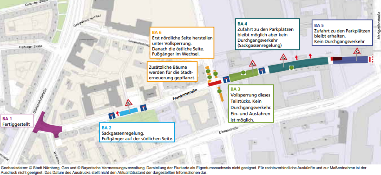 Frankenstrasse Baustellenabschnitte 2026, Bild © Stadt Nürnberg, Geo und Bayerische Vermessungsverwaltung