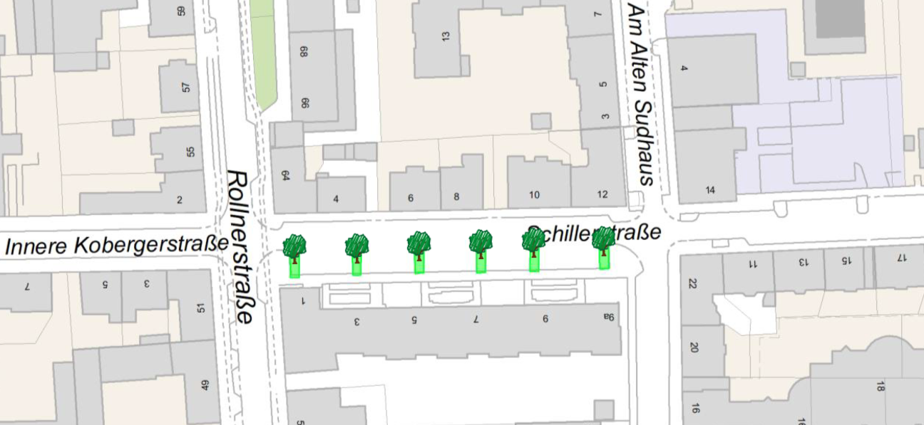 Bild © SÖR / Geobasisdaten: © Stadt Nürnberg, Geo und © Bayerische Vermessungsverwaltung. Darstellung der Flurkarte als Eigentumsnachweis nicht geeignet. 2026-09-28 Anliegerinfo Schillerstraße 1, Bild © SÖR / Geobasisdaten: © Stadt Nürnberg, Geo und © Bayerische Vermessungsverwaltung. Darstellung der Flurkarte als Eigentumsnachweis nicht geeignet.