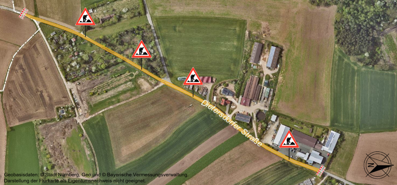 Bild © SÖR / Geobasisdaten: © Stadt Nürnberg, Geo und © Bayerische Vermessungsverwaltung. Darstellung der Flurkarte als Eigentumsnachweis nicht geeignet. Dietersdorfer Straße August 2026, Bild © SÖR / Geobasisdaten: © Stadt Nürnberg, Geo und © Bayerische Vermessungsverwaltung. Darstellung der Flurkarte als Eigentumsnachweis nicht geeignet.